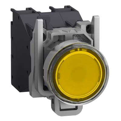 Schneider Electric Complete illuminated push button, Harmony XB4 - ATEX D, metal, yellow flush, 22mm, spring return, booted, 1NO, 24...254V AC/DC XB4BP583BM5GEX