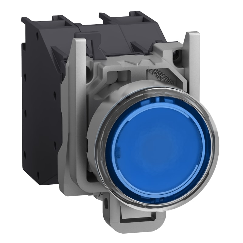 Schneider Electric Complete illuminated push button, Harmony XB4 - ATEX D, metal, blue flush, 22mm, spring return, booted, 1NO, 24...254V AC/DC XB4BP683BM5GEX