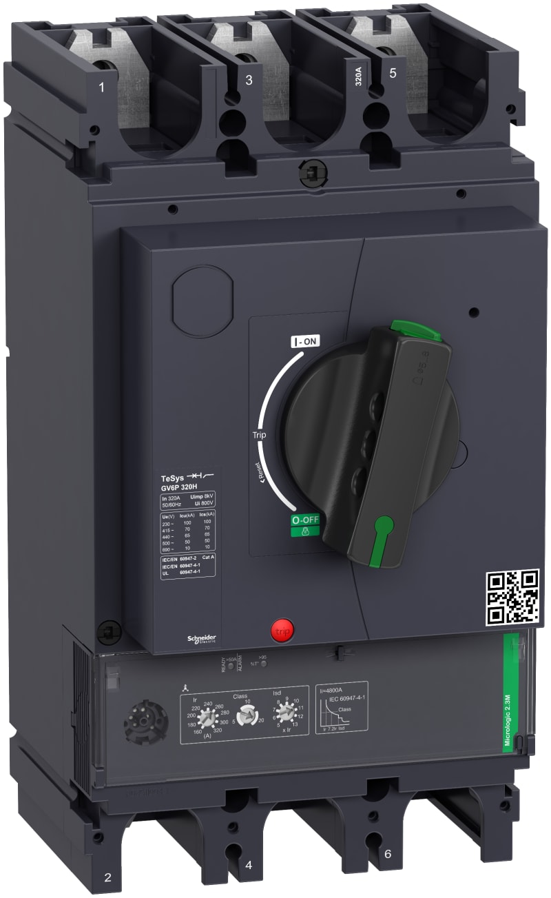Schneider Electric Motor circuit breaker, TeSys GV6, 3P, 320A, Icu 70KA, thermal magnetic GV6P320H