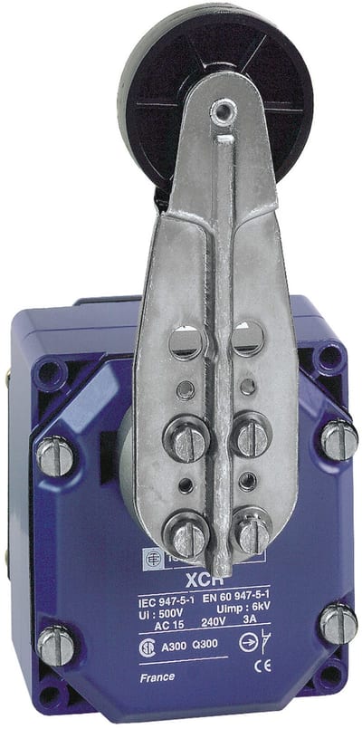 Telemecanique XCRA heavy-duty limit switch, metal body, adjustable roller lever with 50 mm roller, 2 NC + 2 NO, snap action with positive opening, Pg cable entry, IP54 XCRA15