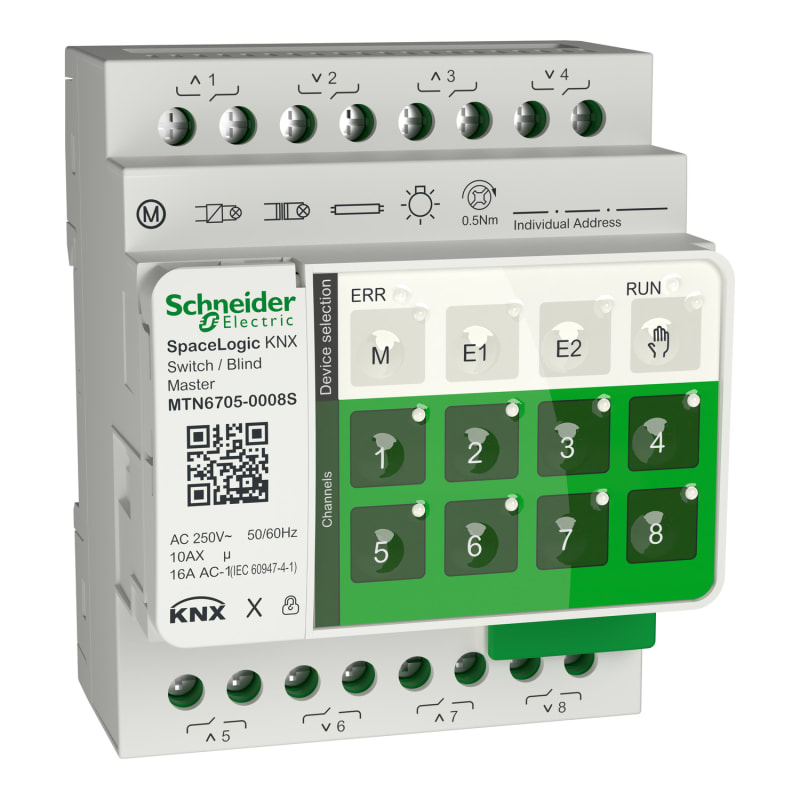 Schneider Electric Blind/switch actuator, SpaceLogic KNX, master, 8 channels, 250V, 16A, white, Supply KNX 6.5 mA MTN6705-0008S