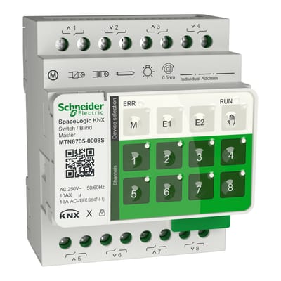 Schneider Electric Blind/switch actuator, SpaceLogic KNX, master, 8 channels, 250V, 16A, white, Supply KNX 6.5 mA MTN6705-0008S