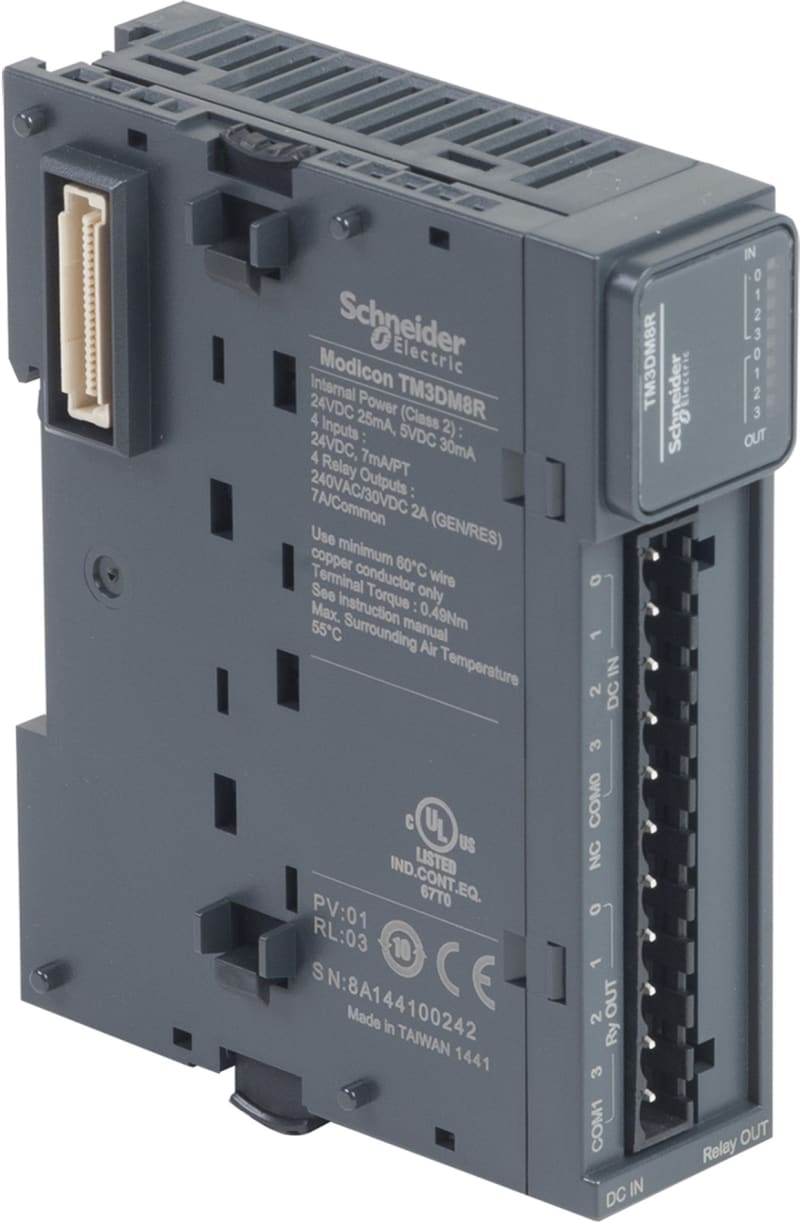 Schneider Electric Modicon TM3 - 8 IO (4 inputs, 4 relay outputs, screw) 24VDC TM3DM8R