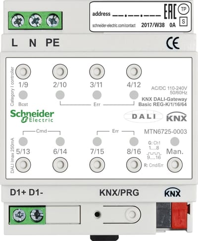Schneider Electric Gateway, SpaceLogic KNX, DALI, basic 1CH/16/64, white, Supply KNX 5 mA MTN6725-0003