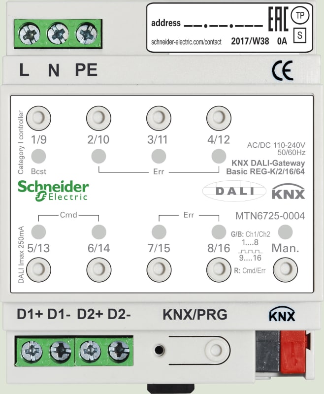 Schneider Electric Gateway, SpaceLogic KNX, DALI, basic 2CH/16/64, white, Supply KNX 5 mA MTN6725-0004