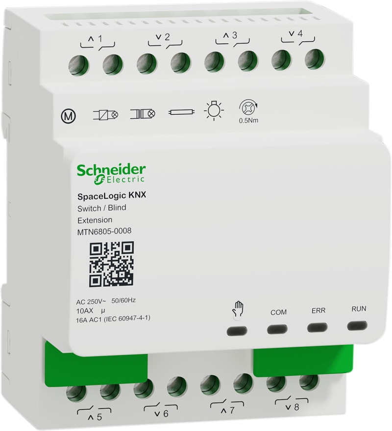 Schneider Electric Blind/switch actuator, SpaceLogic KNX, extension 8 channels, 250V, DINrail, white, Supply KNX 6 mA MTN6805-0008