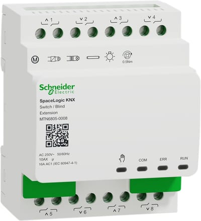 Schneider Electric Blind/switch actuator, SpaceLogic KNX, extension 8 channels, 250V, DINrail, white, Supply KNX 6 mA MTN6805-0008