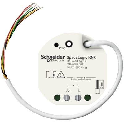 Schneider Electric Switch actuator, SpaceLogic KNX, secure, 230V, 16 AX, 3 binary inputs, white, Supply KNX 18 mA MTN6003-0011