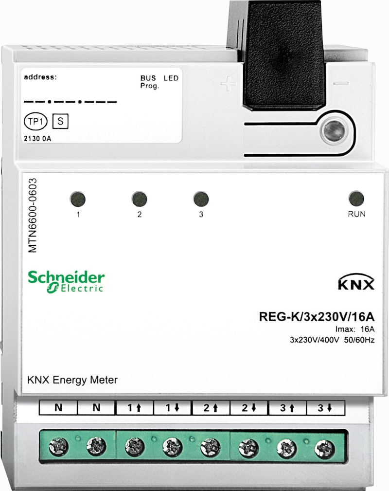 Schneider Electric Energy meter, Merten KNX, 3 channel, 230 VAC, 16A, white, Supply KNX 12.5 mA MTN6600-0603