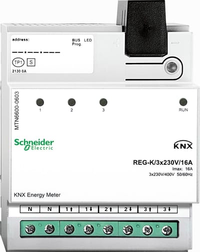 Schneider Electric Energy meter, Merten KNX, 3 channel, 230 VAC, 16A, white, Supply KNX 12.5 mA MTN6600-0603