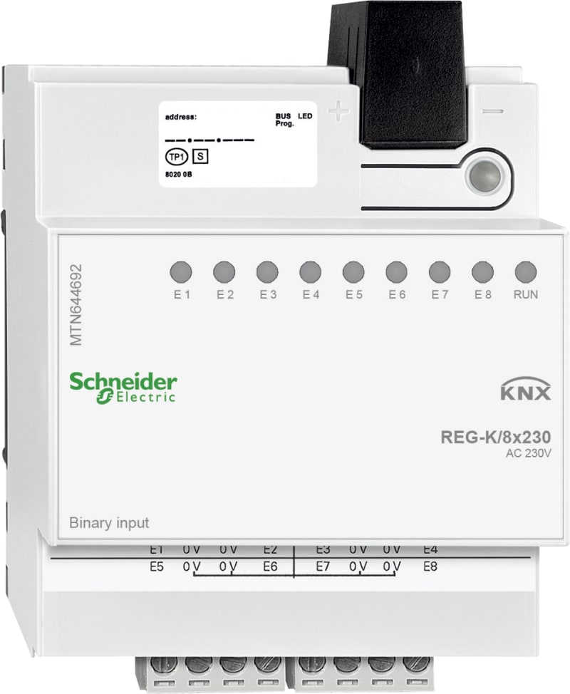 Schneider Electric Binary input, SpaceLogic KNX, 8 channel, 230VAC, DINrail, LED, light grey, Supply KNX 18 mA MTN644692