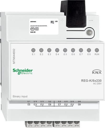 Schneider Electric Binary input, SpaceLogic KNX, 8 channel, 230VAC, DINrail, LED, light grey, Supply KNX 18 mA MTN644692