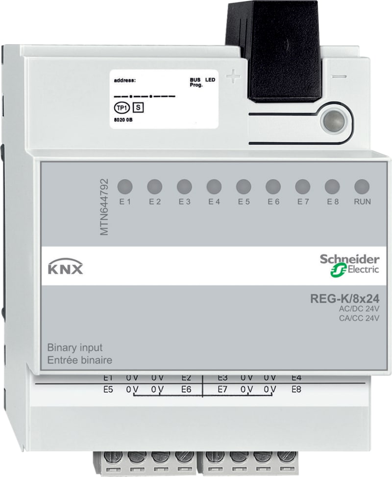 Schneider Electric Binary input, SpaceLogic KNX, 8 channel, 24VAC, DINrail, LED, light grey, Supply KNX 18 mA MTN644792