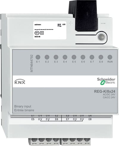 Schneider Electric Binary input, SpaceLogic KNX, 8 channel, 24VAC, DINrail, LED, light grey, Supply KNX 18 mA MTN644792