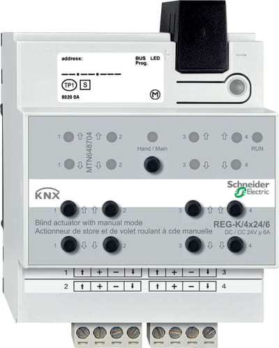 Schneider Electric Blind actuator, SpaceLogic KNX, REG-K/4X24/6 with manual mode, light grey, Supply KNX 17.5 mA MTN648704