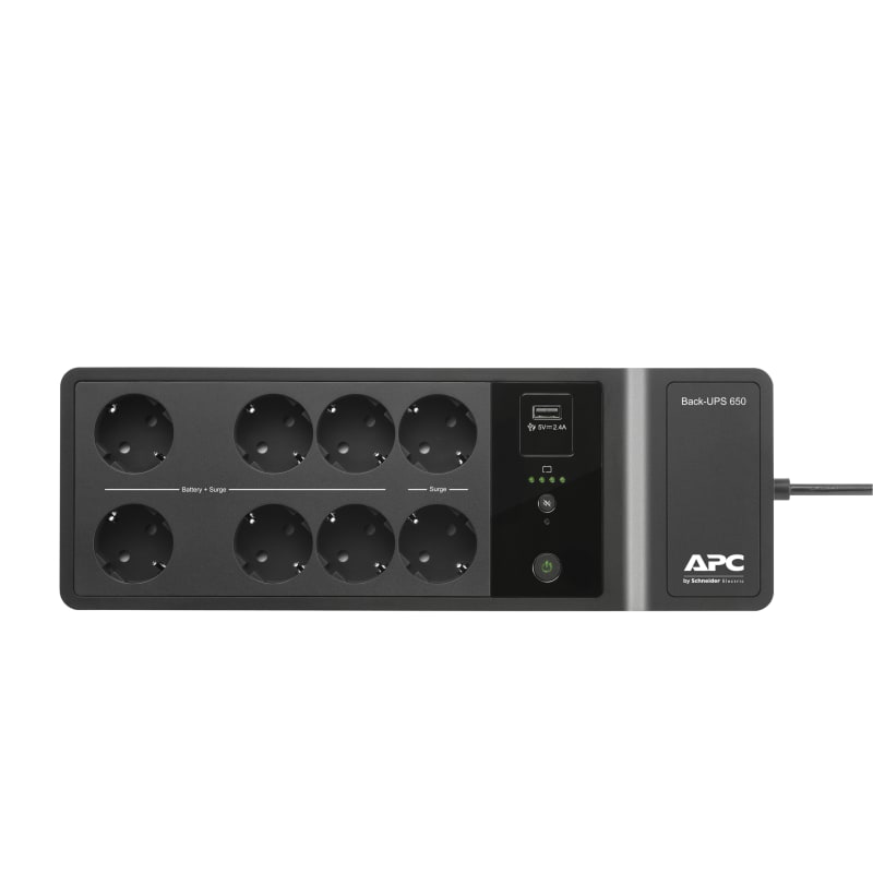 Schneider Electric APC Back-UPS, 650VA/400W Floor/Wall Mount, 230V, 8X CEE 7/3 Schuko outlets, USB Type A Port, User Replaceable Battery BE650G2-GR