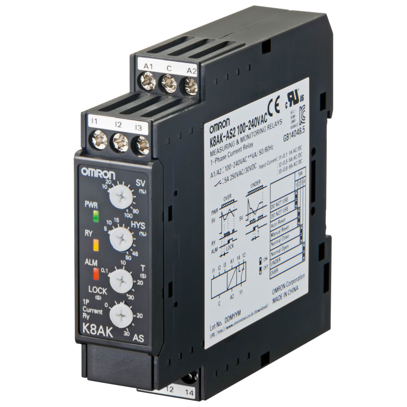 Omron K8AK-AS1 Single-Phase Over/Under Current Monitoring Relay, 2-500 mA, 100-240 V AC/DC