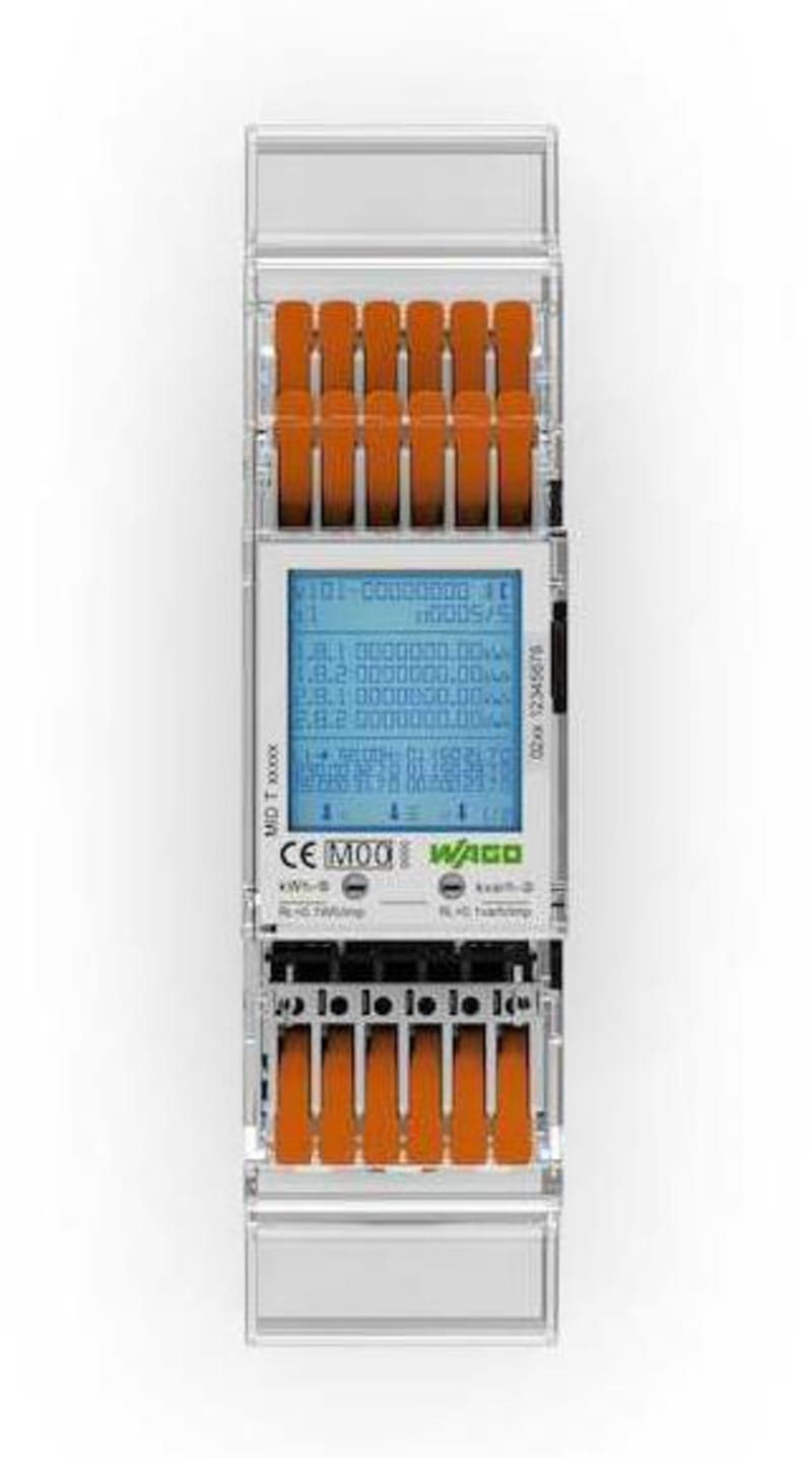 Energy meter (MID26), 1 A / 5 A, 3X230/400V, 50Hz, 2 x S0 interface, 2PU CT (879-3040)