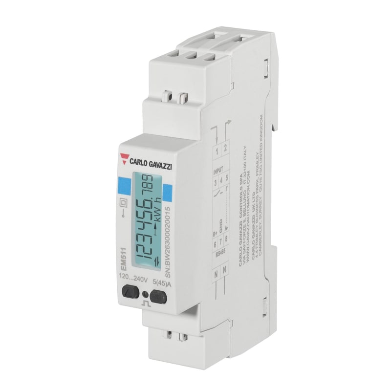 Carlo Gavazzi EM511DINAV81XO1X Single-Phase Energy Meter, 45 A, Pulse Output