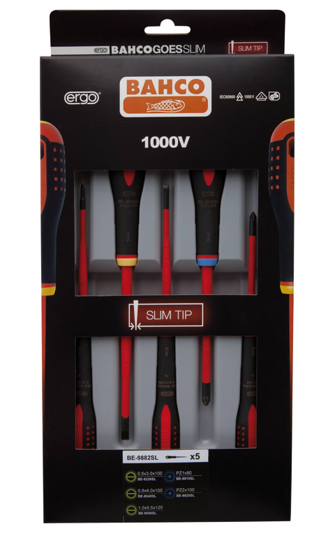 Bahco BE-9882SL Insulated Slim Screwdriver Set, VDE 1000 V, Slotted and Pozidriv, 5 Pieces