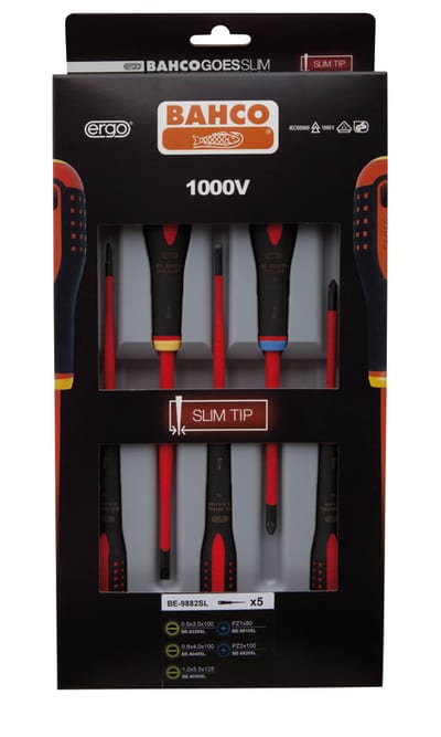 Bahco BE-9882SL Insulated Slim Screwdriver Set, VDE 1000 V, Slotted and Pozidriv, 5 Pieces