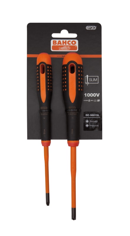 Bahco BE-9891SL Insulated Slim Screwdriver Set, VDE 1000 V, PH1 and PH2, 2 Pieces