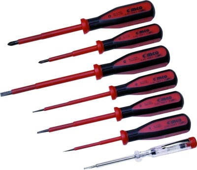 Cimco 117802 Electrician's screwdriver set, 7 pieces, 4 slotted, 2 Pozidriv and a voltage tester