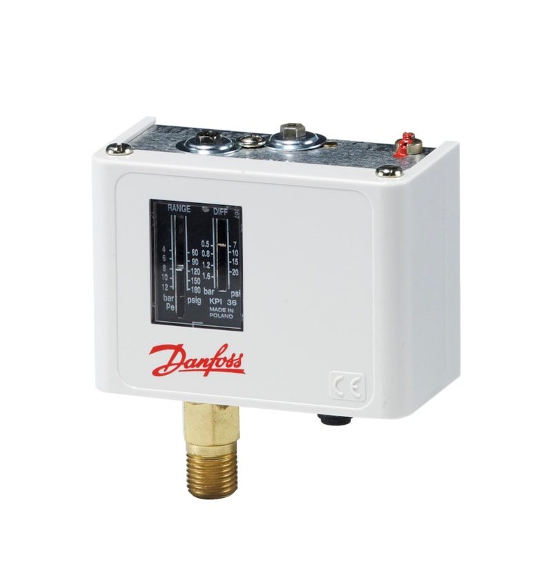 Danfoss KPI36 pressure switch, 4–12 bar, gold contacts, auto reset, SPDT, G 1/4
