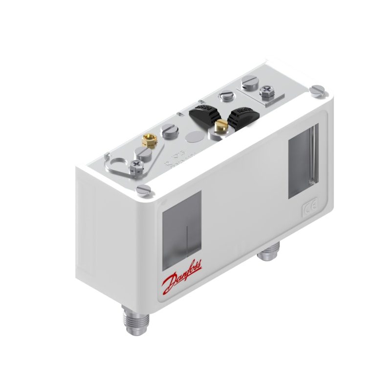 Danfoss KP15 dual pressure switch, LP -0.2 to 7.5 bar / HP 8 to 32 bar, min / max convertible reset, SPDT+SPST(NO), 1/4 in flare, IP44