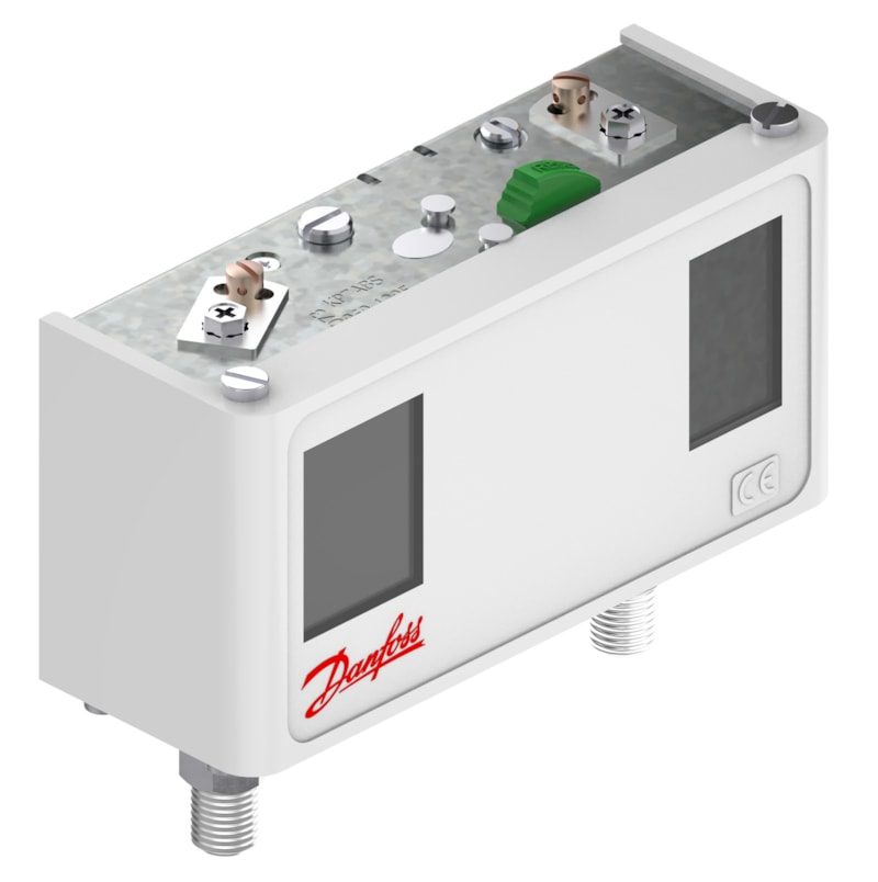 Danfoss KP7ABS dual high-pressure safety switch, 8 to 32 bar, 4 bar differential, manual reset, 2X SPST(NC), M10X0.75