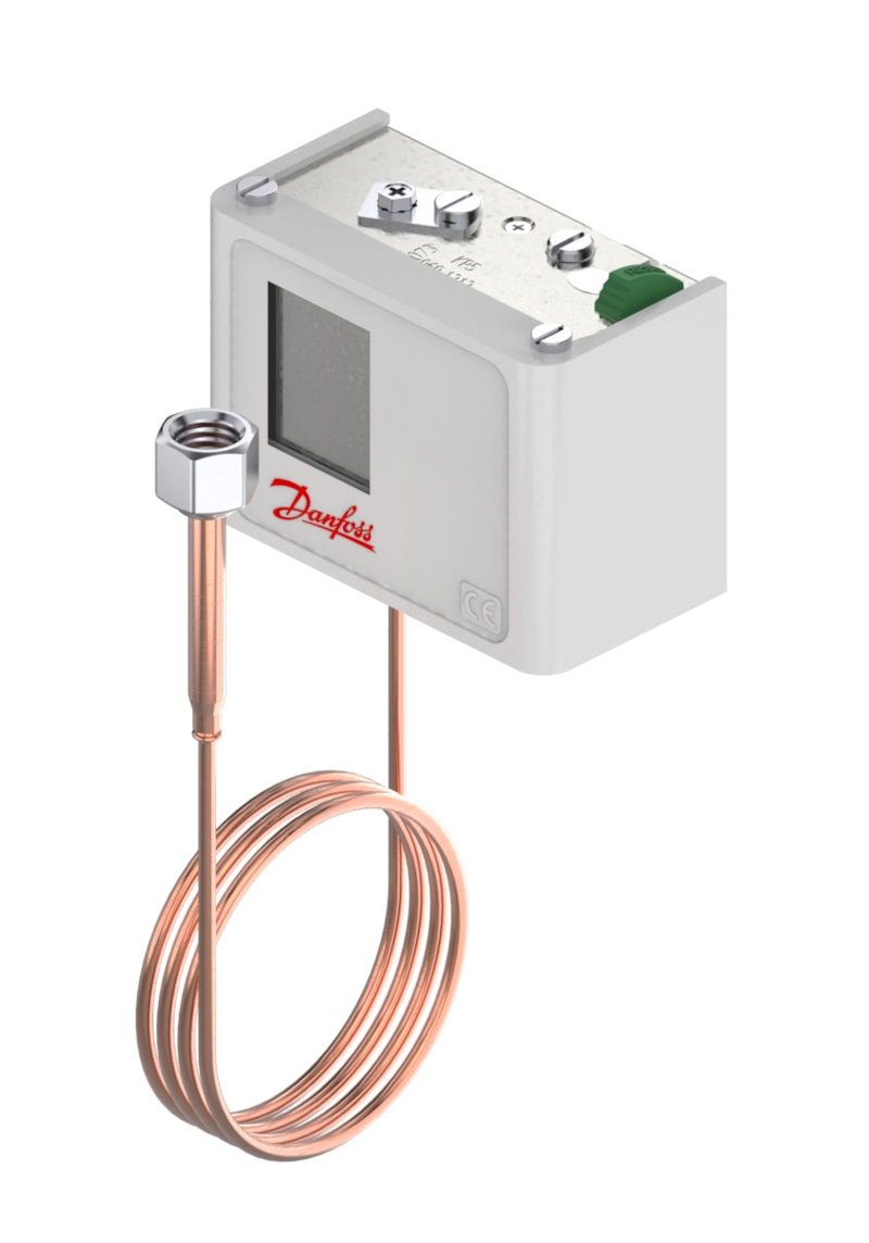 Danfoss KP5 pressure switch, 8 to 32 bar, manual (max) reset, SPDT, 1/4 in flare