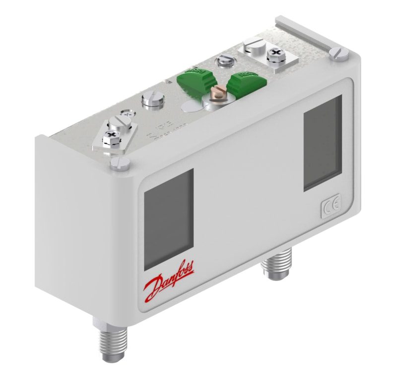 Danfoss KP15 dual pressure switch, LP -0.9 to 7 bar / HP 8 to 32 bar, convertible reset, SPDT+SPST(NO), 1/4 in flare
