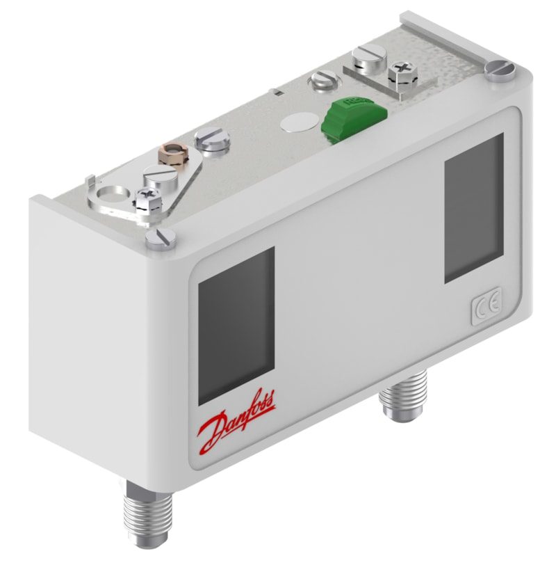 Danfoss KP15 dual pressure switch, LP -0.2 to 7.5 bar auto / HP 8 to 32 bar manual-max, SPDT, 1/4 in flare, rubber cable gland