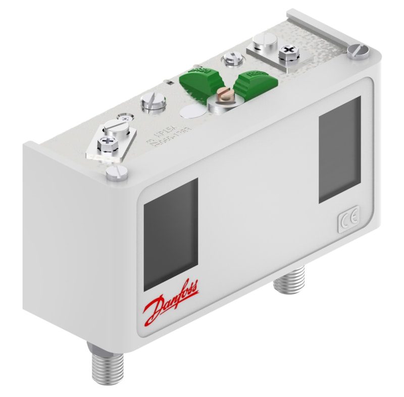 Danfoss KP15A dual pressure switch, LP -0.9 to 7 bar / HP 8 to 32 bar, min / max convertible reset, SPDT, M10 x 0.75, IP30