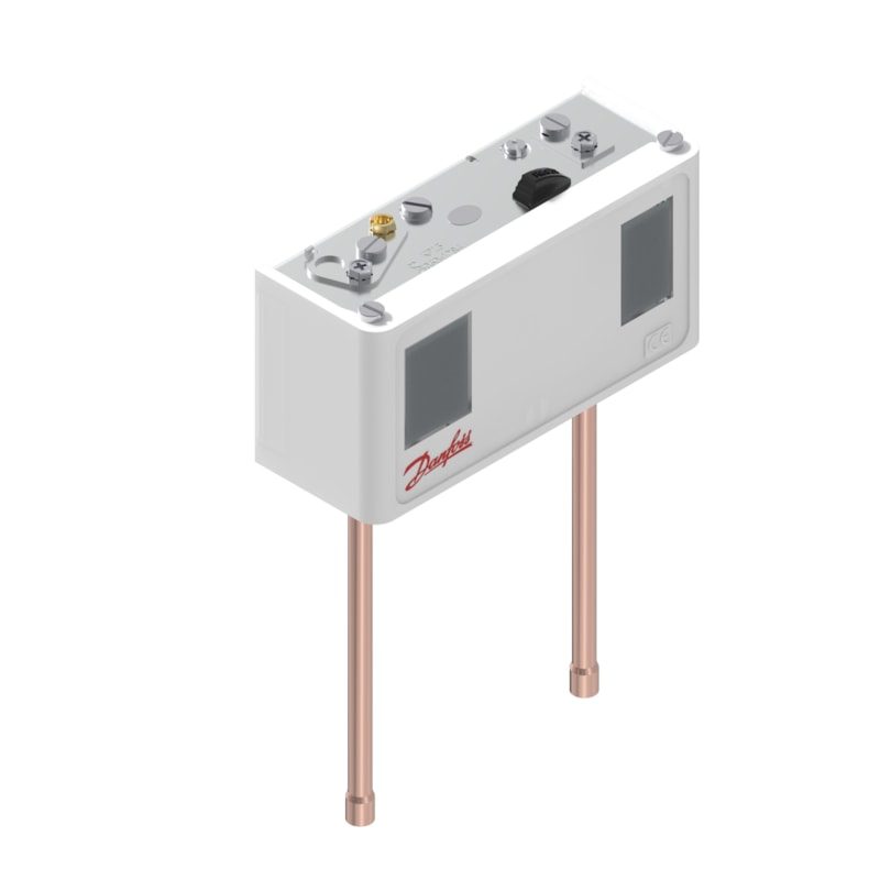 Danfoss KP15 dual pressure switch, LP -0.2 to 7.5 bar / HP 8 to 32 bar, auto / manual max reset, SPDT+SPST(NO), 1/4 in solder ODF, IP30