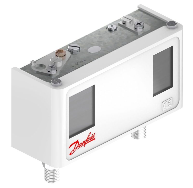 Danfoss KP15A dual pressure switch, LP -0.2 to 7.5 bar / HP 8 to 32 bar, automatic reset both sides, SPDT+SPST(NO), M10 x 0.75 male, IP44