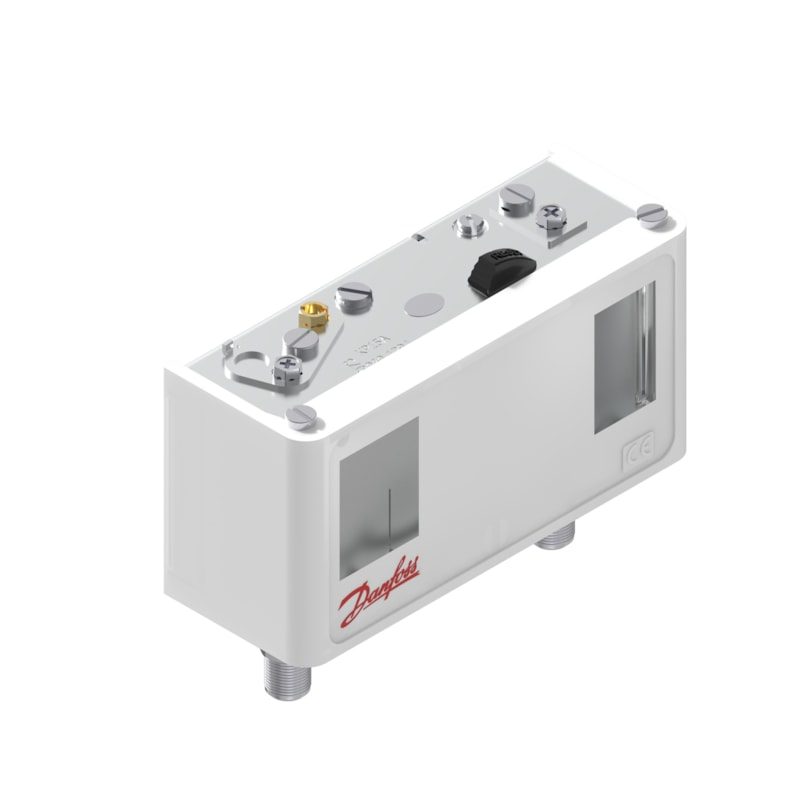 Danfoss KP15A dual pressure switch, LP -0.2 to 7.5 bar / HP 8 to 32 bar, auto / manual max reset, SPDT+SPST(NO), M10 x 0.75 male, IP30