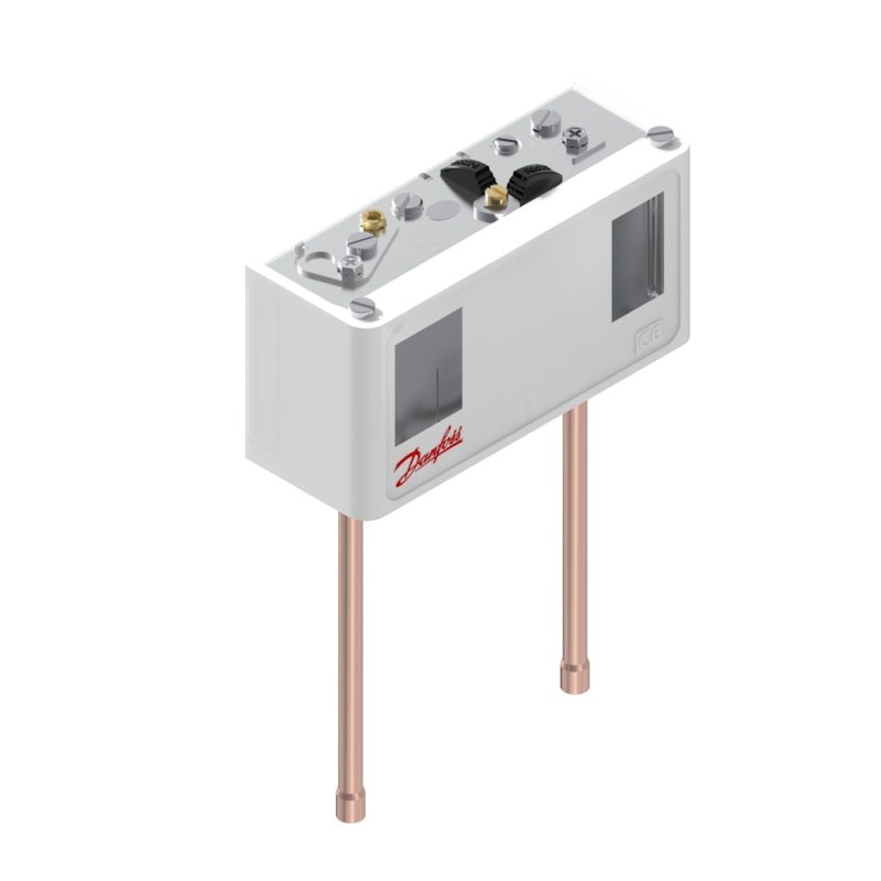 Danfoss KP15 dual pressure switch, LP -0.2 to 7.5 bar / HP 8 to 32 bar, automatic reset both sides, SPDT+SPST(NO), 1/4 in solder ODF, IP44