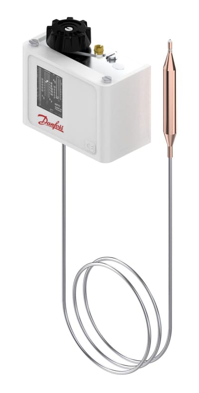 Danfoss KP81 thermostat, 80 to 150 °C, automatic reset, SPDT, remote bulb 9.5 x 85 mm, 2000 mm capillary