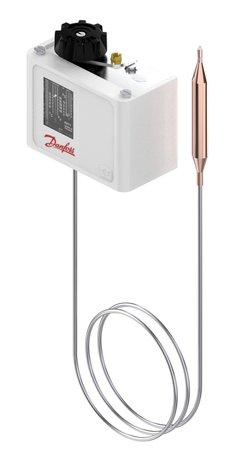 Danfoss KP79 thermostat, 50 to 100 °C, automatic reset, SPDT, remote bulb with 2000 mm capillary