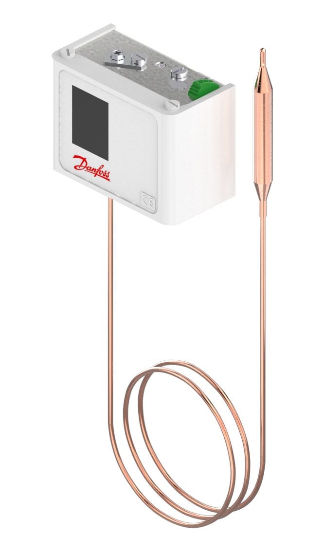 Danfoss KP81 thermostat, 80 to 150 °C, manual max reset, SPDT, remote bulb