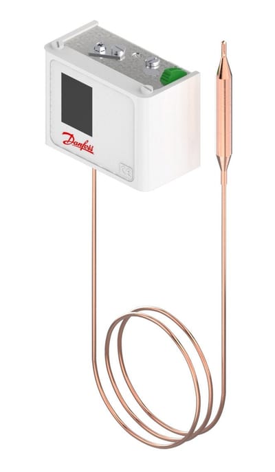 Danfoss KP81 thermostat, 80 to 150 °C, manual max reset, SPDT, remote bulb
