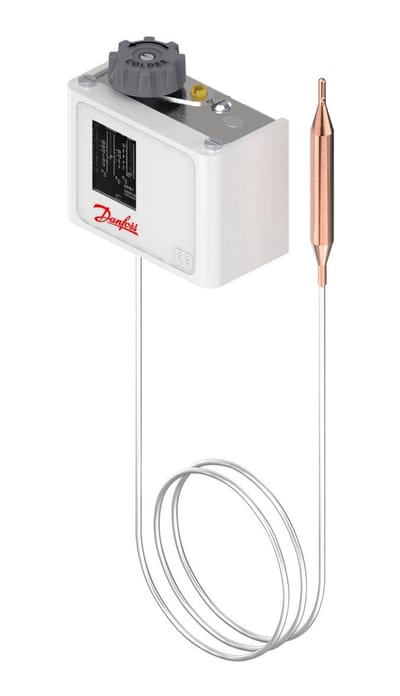 Danfoss KP81 thermostat, 80 to 150 °C, automatic reset, SPDT, remote bulb 9.5 x 85 mm, 3000 mm capillary