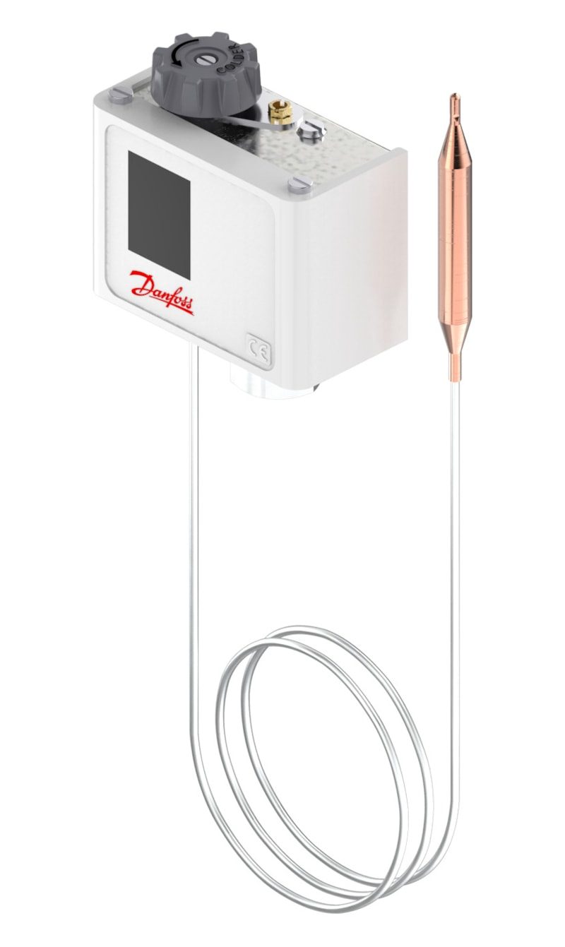 Danfoss KP79 thermostat, 49 to 100 °C, automatic reset, remote bulb