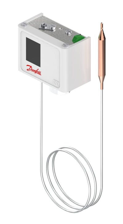 Danfoss KP81 thermostat, 80 to 116 °C, manual reset, remote bulb