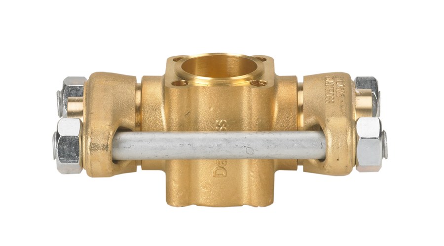 Danfoss valve body for TE 12 / TE 20 thermostatic expansion valve, 16 mm × 22 mm flange, straightway, brass (code 067B4027)