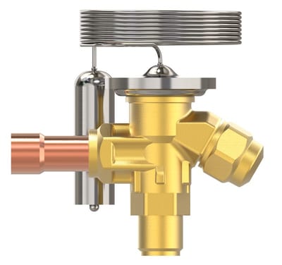 Danfoss T 2 thermostatic expansion valve, R22/R407C, 3/8 in flare × 12 mm solder, internally equalized, evaporating -60 to -25 °C