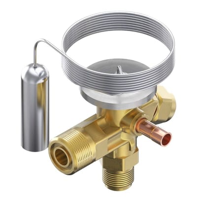 Danfoss TE 2 thermostatic expansion valve, R134A/R513A, 3/8 in flare × 1/2 in flare o-ring, externally equalized, evaporating -40 to 10 °C