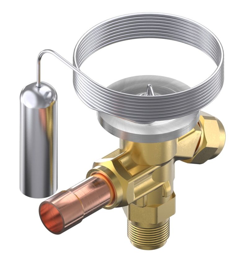 Danfoss T 2 thermostatic expansion valve, R134A/R513A, 3/8 in flare × 12 mm solder, internally equalized, evaporating -40 to 10 °C (code 068Z3264)