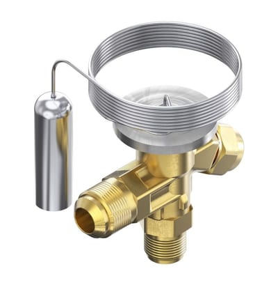 Danfoss T 2 thermostatic expansion valve, R404A/R507A, 3/8 in flare × 1/2 in flare, internally equalized, MOP 75, evaporating -40 to -5 °C